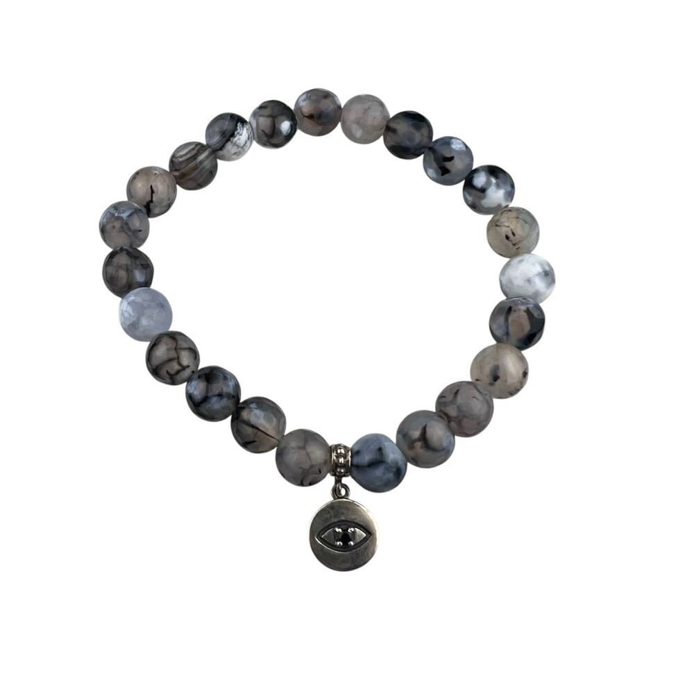 YS India Sterling Silver Bracelet Beaded Stretch Black Spinel Jasper Evil Eye